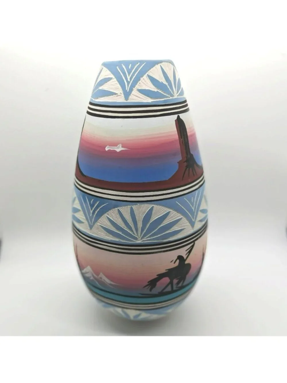 Navajo Pottery Vase Southwest Desert Landscape & Etched Pastel Signed